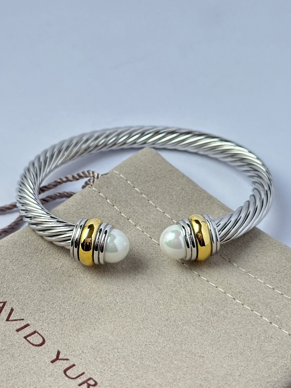 David Yurman Sterling Silver 14K Yellow Gold & Pearl Cable Bracelet Size Large